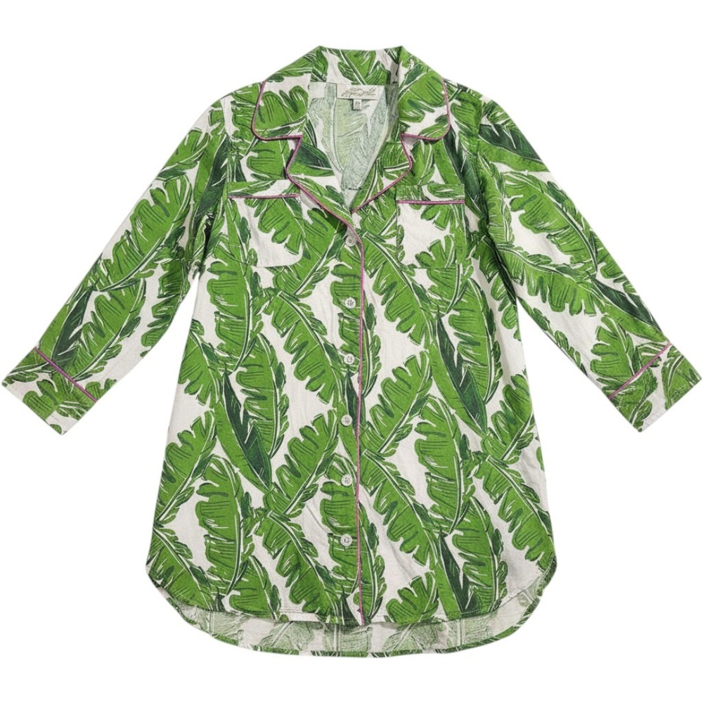 Jayes Studio Banana Leaf Print Sleep‎ Shirt Green White Pink Piping XXS 00-0